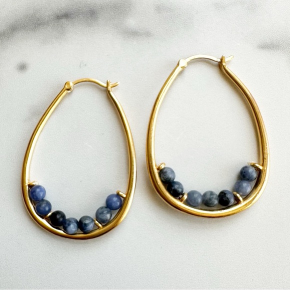 Gold Hoop Earrings with Blue Beads Boho - Picture 2 of 2